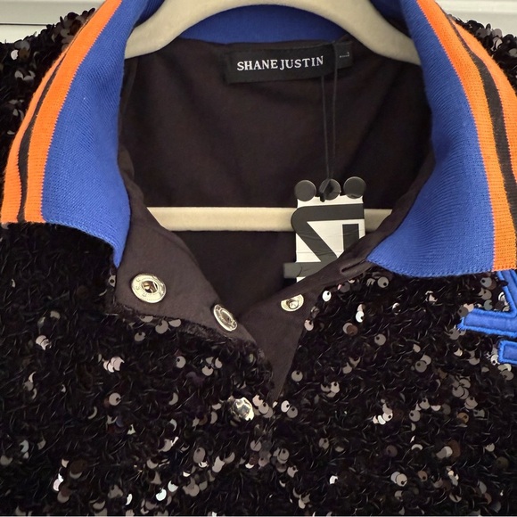 NWT SHANE JUSTIN Black Sequin Runway Bodycon Long Sleeve Polo Mini Dress L - Picture 8 of 14